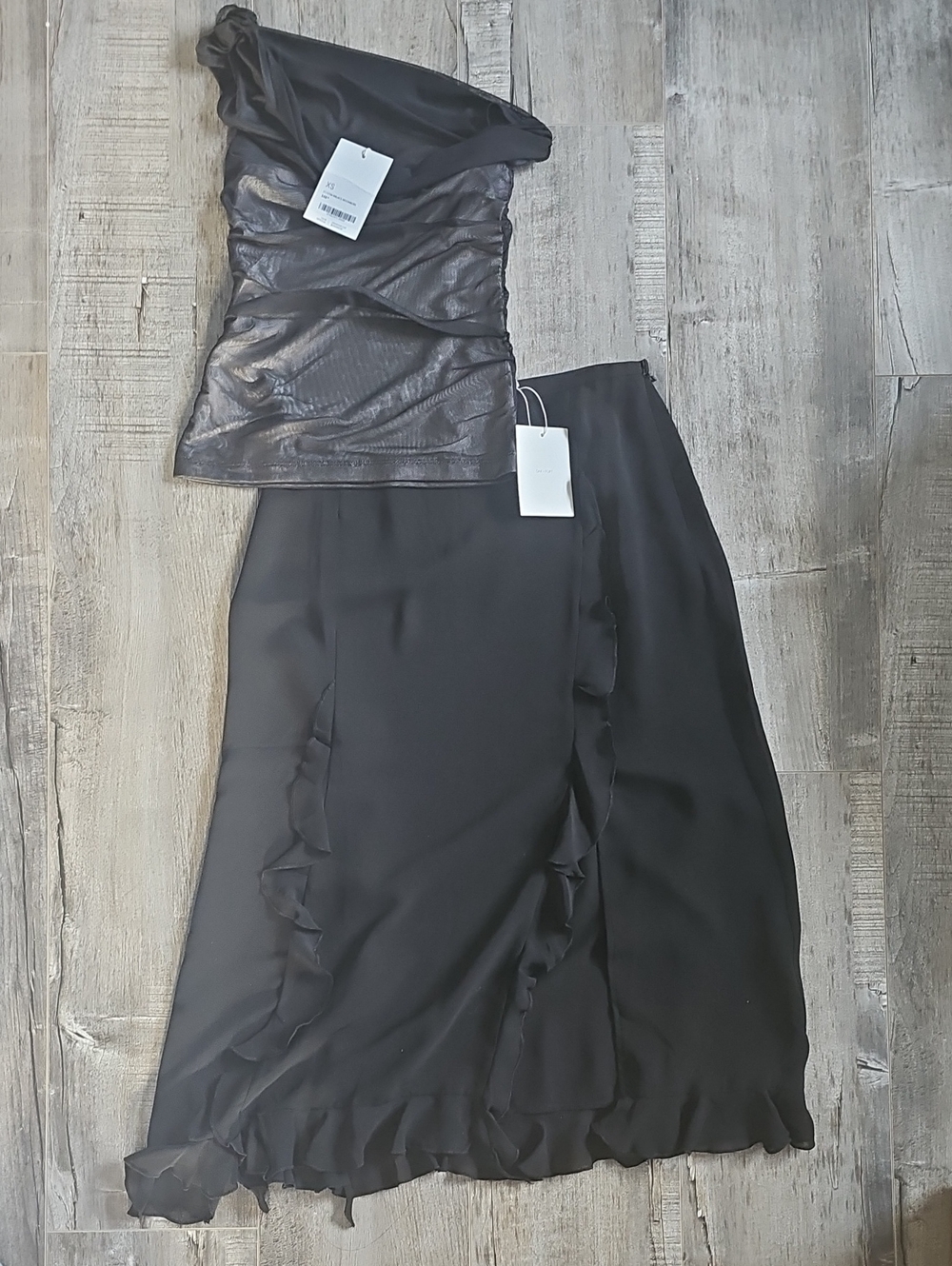 OAK + FORT Black One-Shoulder Top Sz XS Ruffled Maxi Skirt Sz 4 Set BNWT